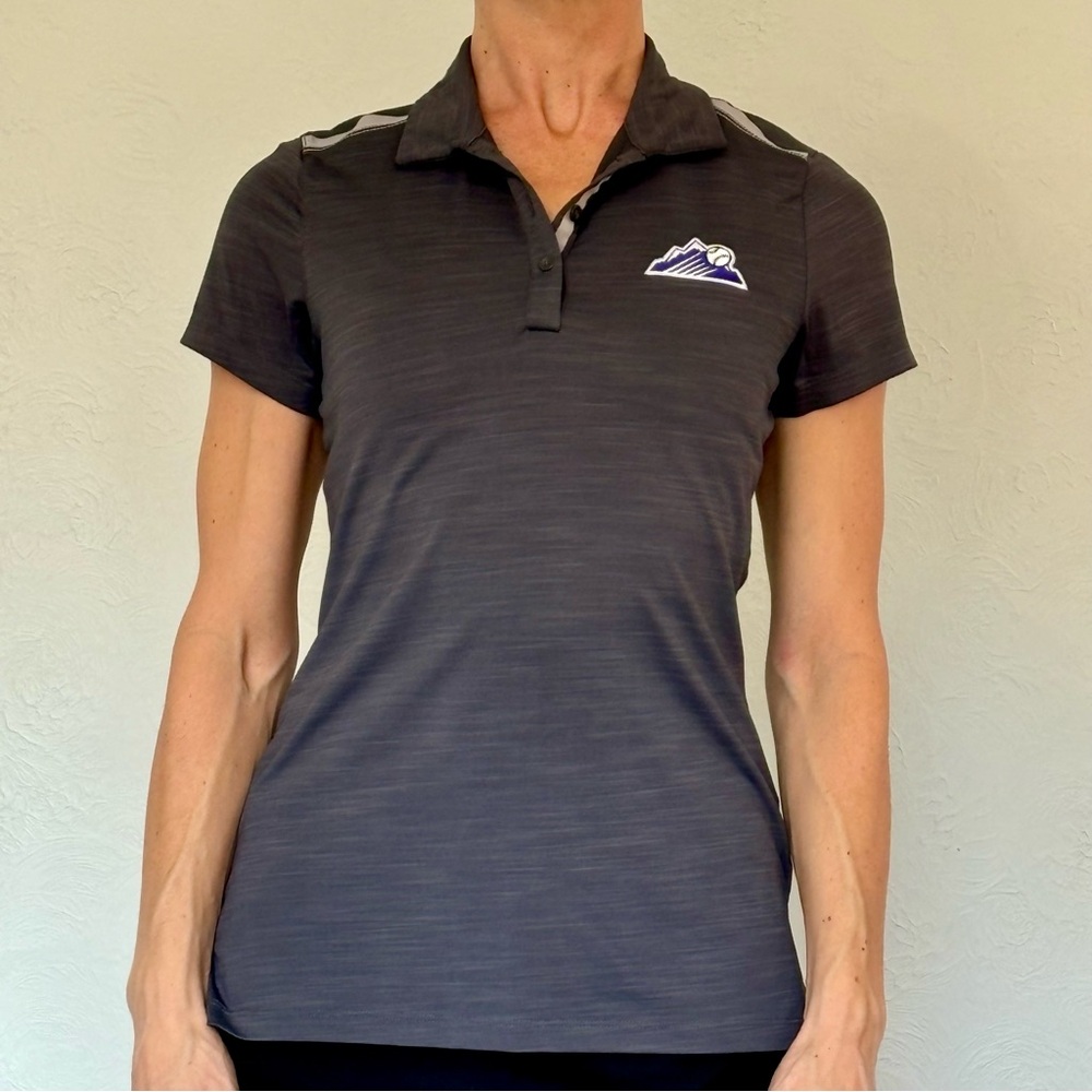 CUTE & BREATHABLE, gray polo with stripe detail and Colorado Rockies logo #golf
